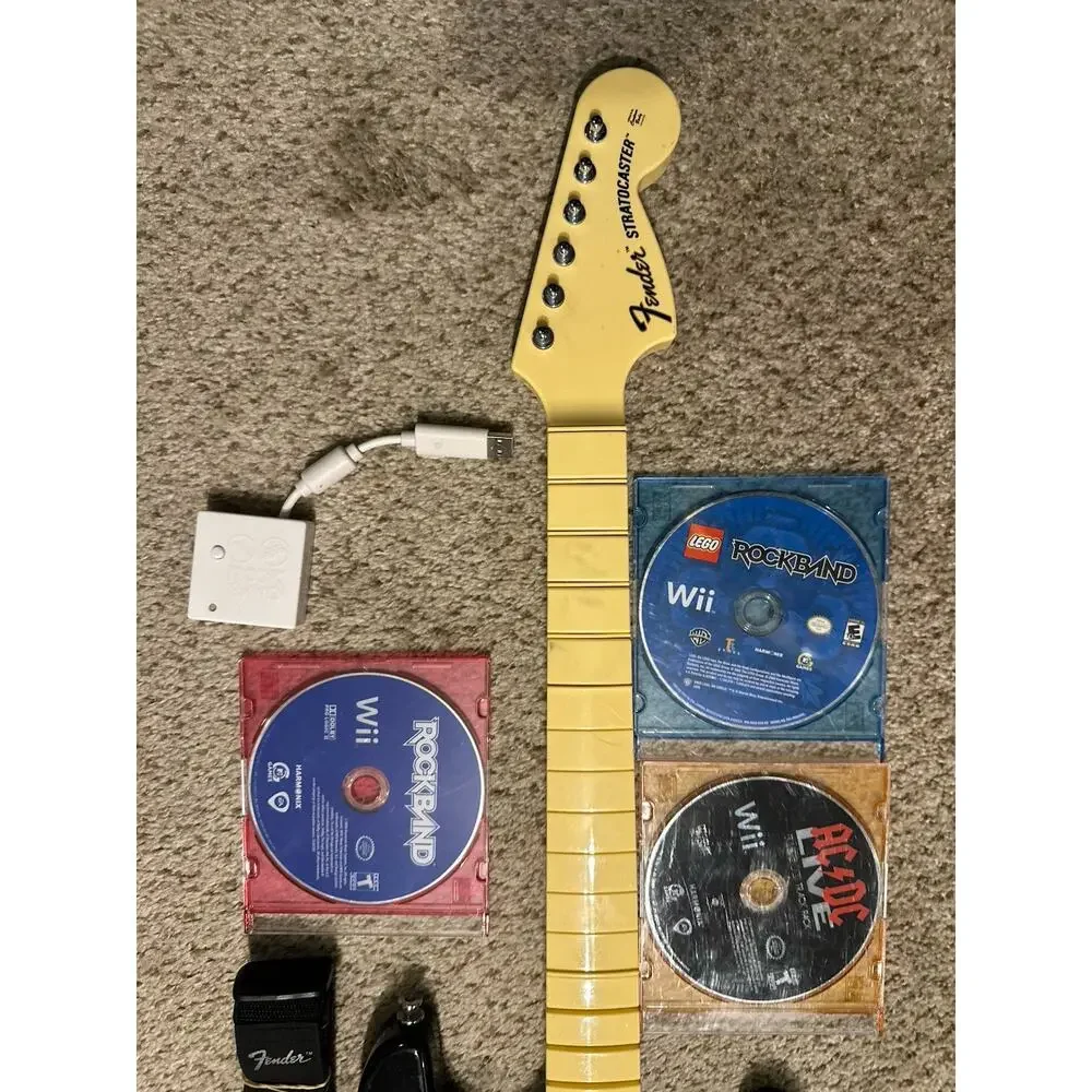 Nintendo Wii Rock Band Guitar w Dongle Strap 2 Games RockBand Lego AC/DC Tested